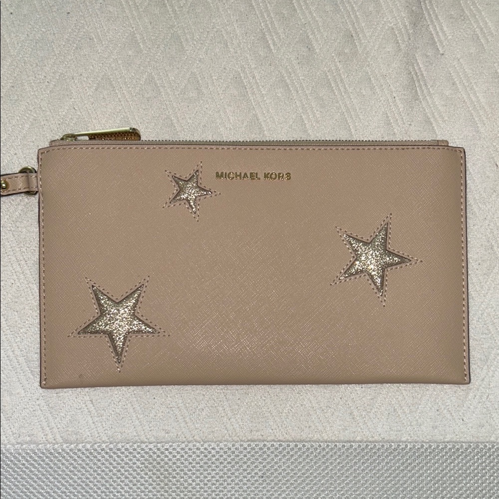 Michael Kors Tan and Gold Star-Embellished Clutch